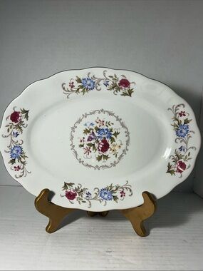 Vintage Floral White Serving Platter - Pink & Blue Floral Accent 13 inch